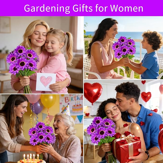 VOOKRY Solar Garden Lights Outdoor, 4 Pack Purple Sunflower Lights with 24 Flowers, Waterproof Summer Garden Decor Solar Flowers for Yard Backyard Patio Flowerbed Yard, Gift for Mom Women