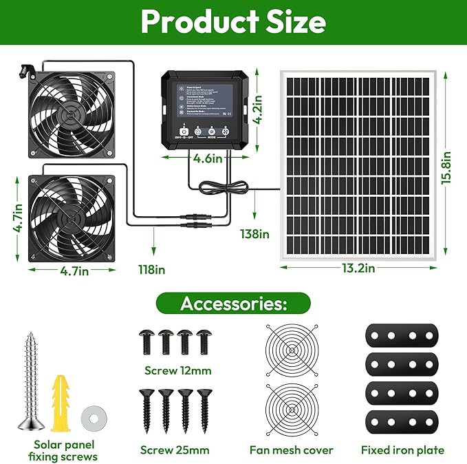 INNOLAND Solar Fan for Chicken Coop & Greenhouse, 25W Solar Powered Exhaust Fan with 7500mAh Battery, Smart 3 Modes with Motion Sensor, IP65 Waterproof Ventilation Kit for Shed | Dog House | Workshop