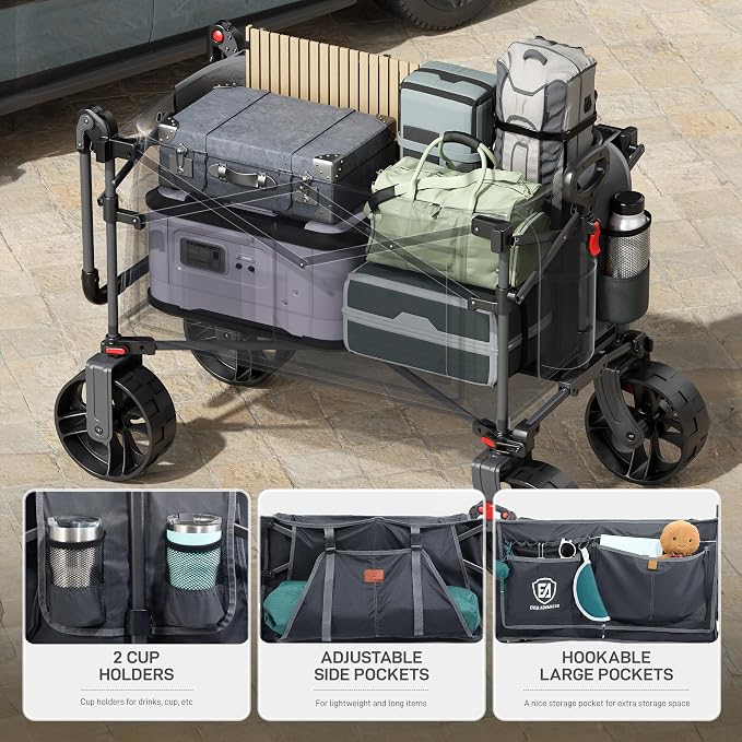 EVER ADVANCED Folding Push Wagon with Canopy, Portable Shopping Cart with Brakes, Collapsible Wagon Cart with All-Terrain Big Wheels for Camping, Beach, Sports