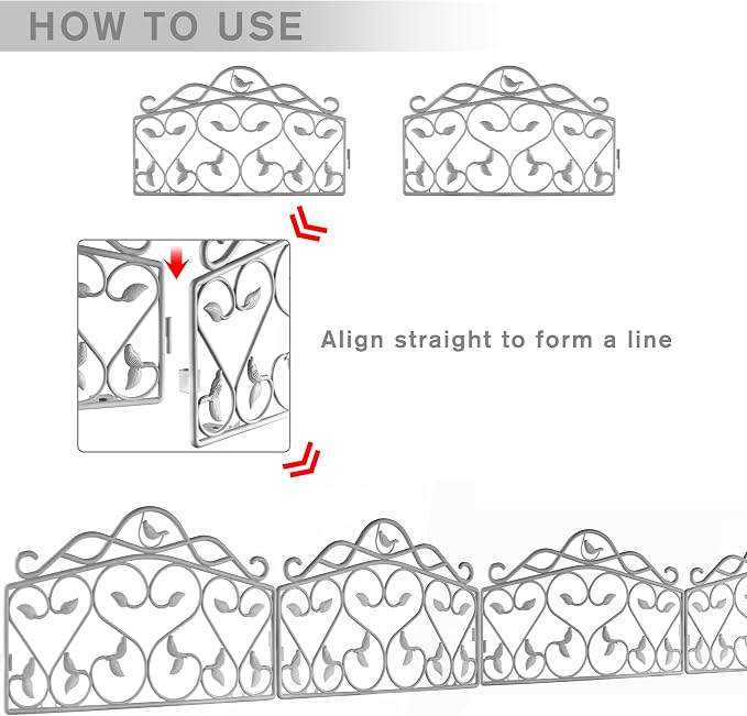 Evelyne Decorative Garden Border Plastic Edging – PP Plastic, Short Metal-Free Faux Wrought Iron Leaf & Bird Design, 16pcs Yard Landscaping Fence Liner Lawn Edge Barrier, 20ft Kit of Decorative Panels