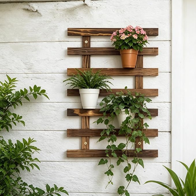 2 Pcs Wall Planter for Indoor Outdoor Plants - Wooden Wall Amounted Plant Holder for Hanging Pots, Vertical Pack Wood Garden Trellis for Climbing Plants Orchid Ivy Vine Rose Patio Home Decor, 15.75"