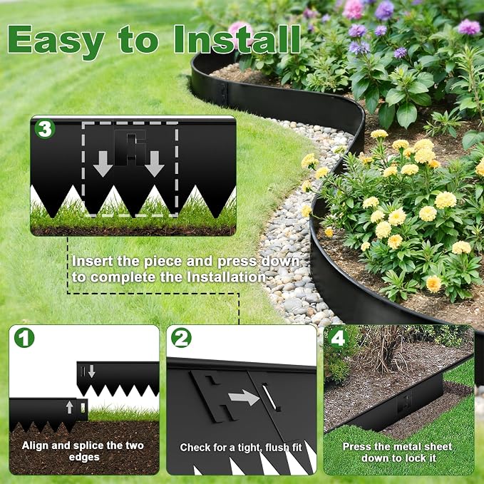 Upgraded Safe Black Steel Landscape Edging 20FT Kit (6-Pack) with Gloves -5 Inch Heavy-Gauge Rounded Edge Metal Garden Border for Lawn, Flower Bed & Raised Beds