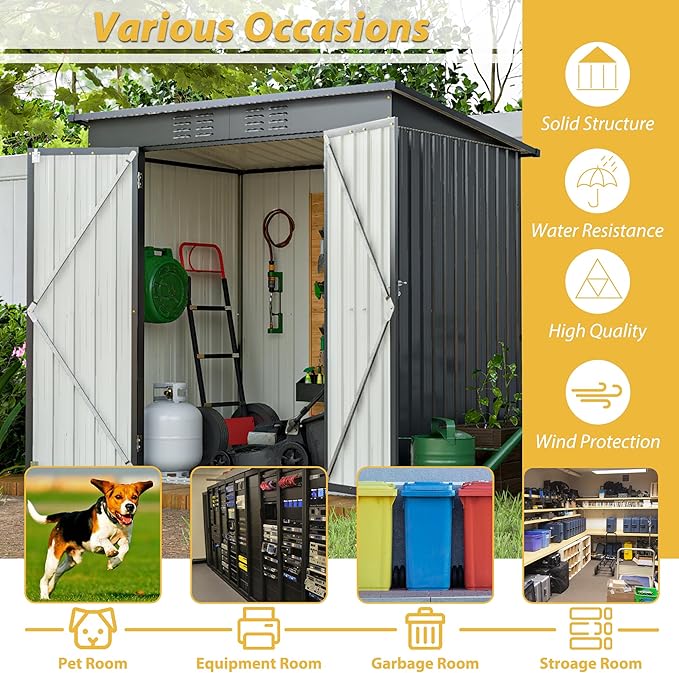 6x4 FT Galvanized Steel Garden Sheds with Ventilation and Sloped Roof, Metal Storage Locker Includes A Lock,Key & Hinged Doors,2 Pairs of Gloves,for Tool,Equipment,Black