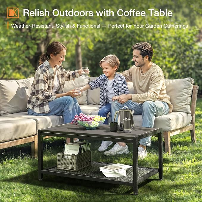 ODK Outdoor Coffee Table with Double-Layer Storage, Rectangle Weather-Resistant Patio Coffee Table for Garden, Balcony, Hot Tub, Poolside, Heavy-Duty Metal Frame, Grey
