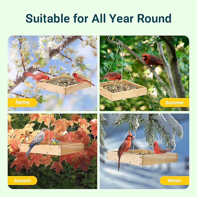 TT Nature Platform Bird Feeder for Outdoor, Eco-Friendly Wood Hanging Tray Bird Feeders，Durable and Stable Great for Hanging Wild Birdfeeder Trays in Garden Outdoors, Install Required