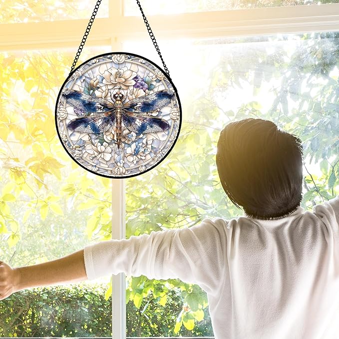 DASTOLL Stained Glass Window Hanging, Dragonfly Flower Suncatcher for Doors Home Sun Catchers Decoration and Christmas, Mother's Day Birthday Gifts for Women, Men, and Mom 7.8 in