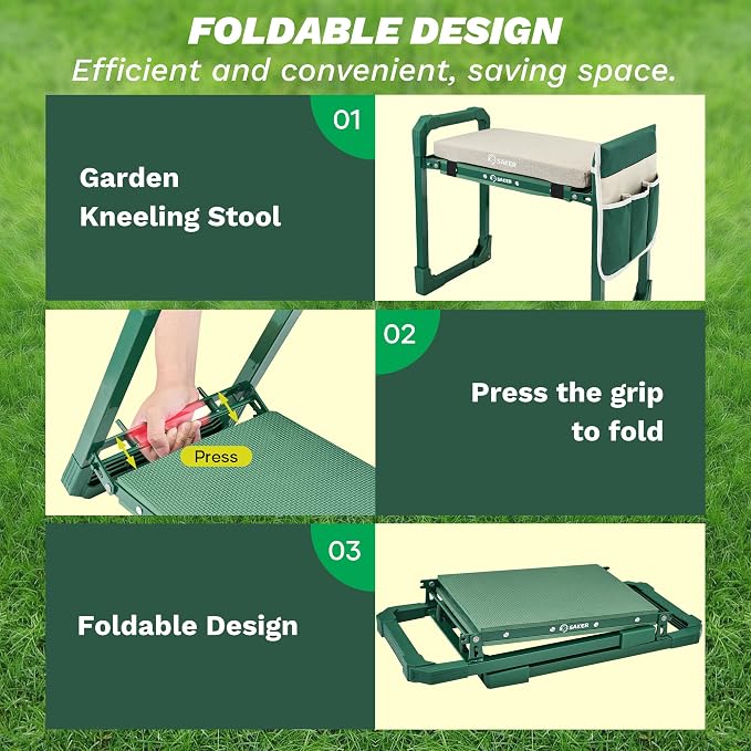 Saker Garden Kneeler and Seat Foldable Gardening Stool with Extendable Legs & Thickened Pad, Tool, Heavy Duty 400lbs Support for Elderly, Gardening, Outdoor Use