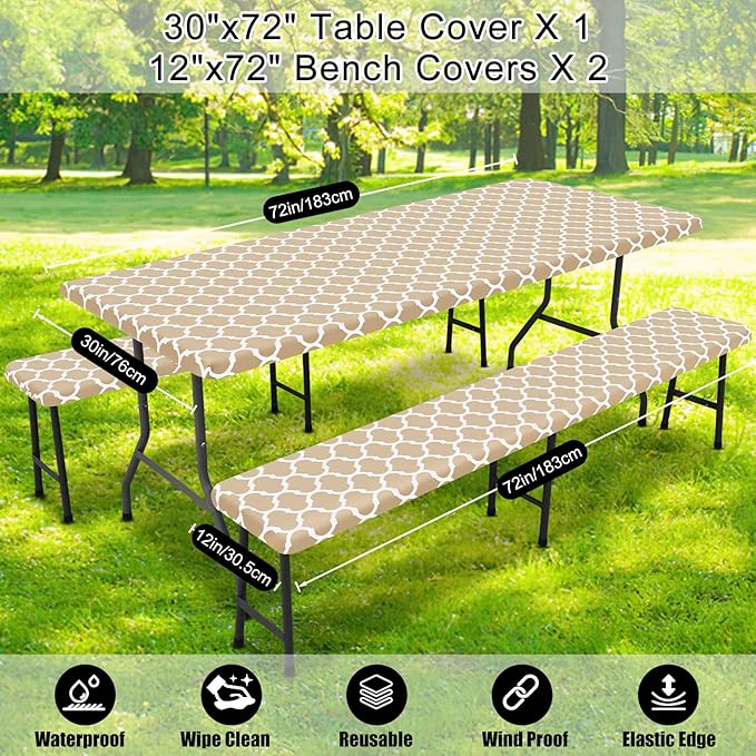 Smiry Picnic Table Cover with Bench Covers, Waterproof Elastic Fitted Tablecloth for 6 Foot Tables, Washable Polyester Tablecloths for Camping, Indoor & Outdoor (Khaki, 30x72 Inch 3-pc Set)
