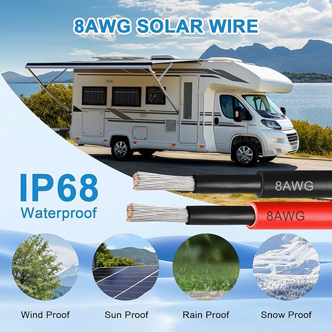 MOOKEERF Solar Pane Wire 8 AWG - Solar Extension Cable 30Ft Black & 30Ft Red 8 Gauge Tinned Copper PV Wire for Outdoor Automotive RV Solar Panel Boat Marine (Black+Red)