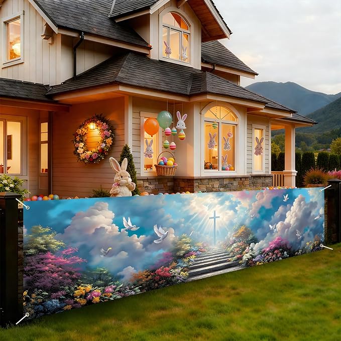 Christian Cross Fence Banner 118 x 35 Inch, Large Waterproof Outdoor Religious Banner with Stairway to Heaven Clouds & Doves for Yard Porch Fence Church Decorations