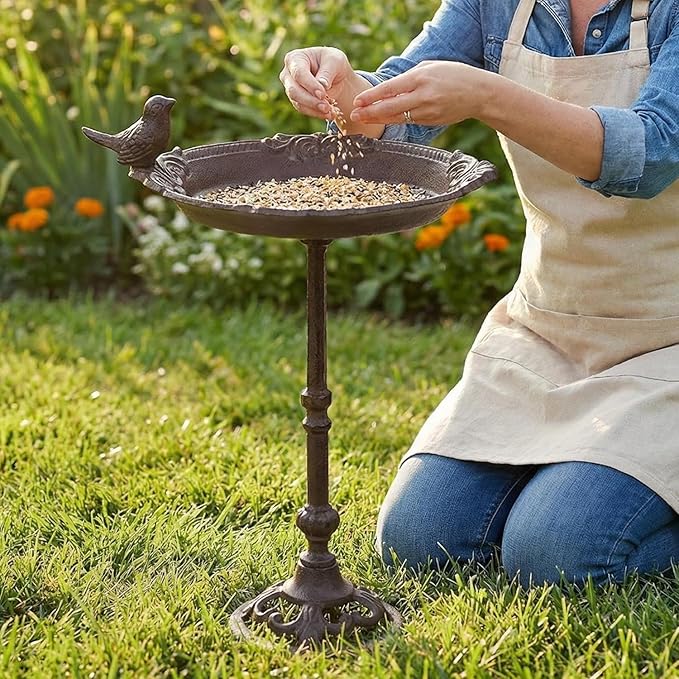Sungmor Vintage Cast Iron Birdbath for Outside,15.6" Tall Bird Feeder with Adorable Bird Statue,Freestanding Oval Water Bowl,Distressed Brown Finish