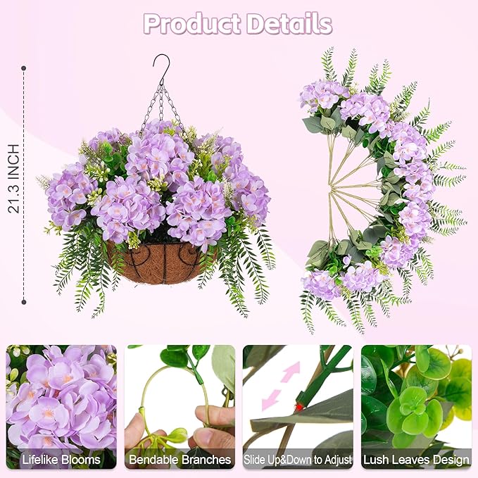 Ammyoo Artificial Flowers in Hanging Basket Planter for Home Spring Summer Decoration, Silk Hydrangea Outdoor Indoor Arrangements, 12" Metal Coconut Lining Basket with Faux Plant(Light Purple)