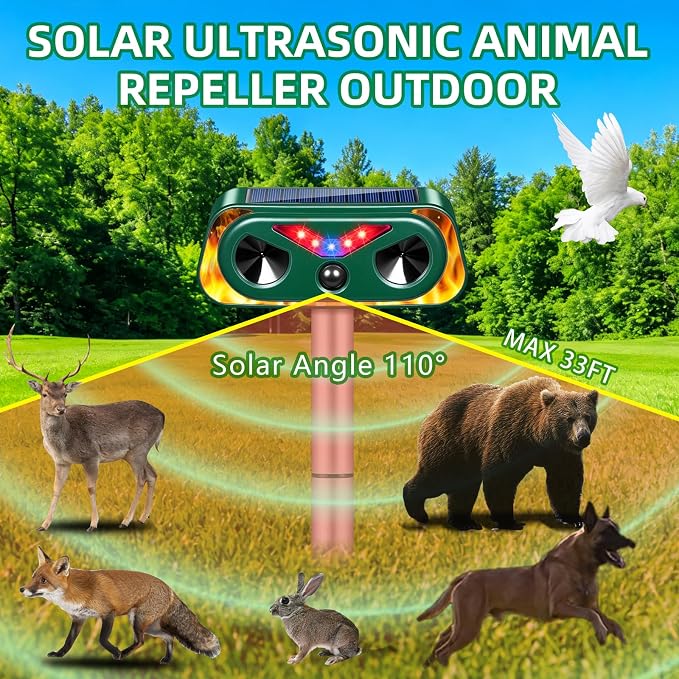 Upgraded Solar Animal Repellent Ultrasonic Outdoor Cat Deterrent Deer Repellent Devices,Waterproof Dog Repeller with Motion Sensor,Flashing Lights,Scare Squirrels Rabbits Raccoons Skunks Garden,2 Pack