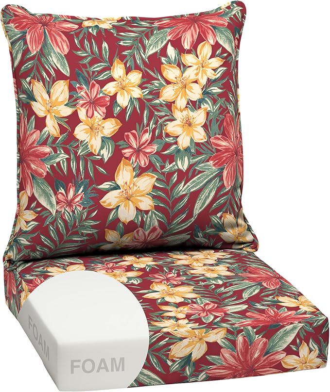 Arden Outdoor Foam Deep Seat Cushion Set, 24x24, Premium High-Density Foam, Never Flattens, Weather-Proof for Patio Chair Sofa Couch, Ruby Clarissa