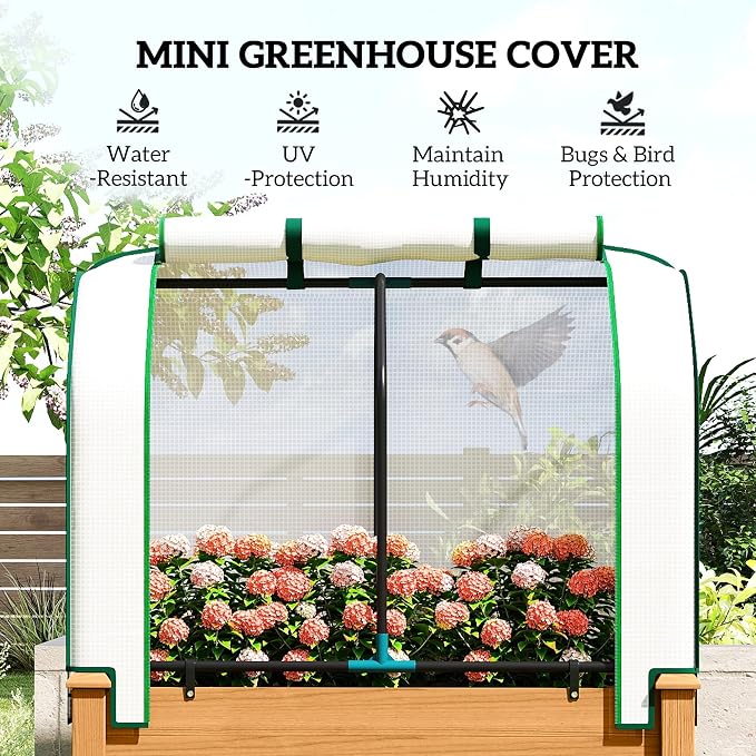 Outsunny Raised Garden Bed with PE Greenhouse Cover Outdoor Elevated Wood Planter Box for Herbs and Vegetables, Use for Patio, Backyard, Balcony, 35 x 22 x 47 inch, Sand
