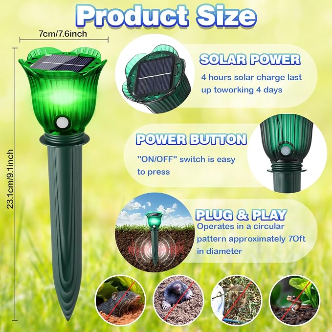 6 Pack Solar Ultrasonic Animal Repellent with RGB Color-Changing Lights, Pest 360° Sonic Deterrent for Outdoor Lawn & Garden, Solar Powered Mole, Snake & Gopher Repellent Stakes (Petal Style)