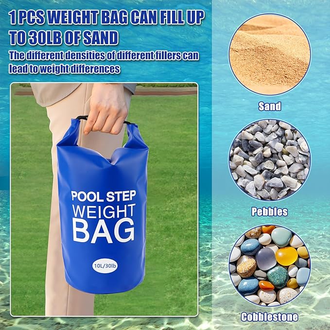 2 Pack 30lb Universal Pool Ladder Weights, No Breaken Pool Step Weights for Above Ground Pools, 500D PVC Waterproof Pool Stair Weights Pool Sand Bags for Above Ground Swimming Pools Stair (Blue)