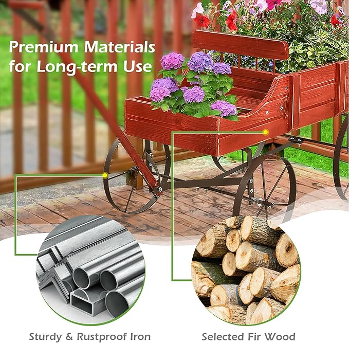DORTALA Wood Wagon Planter, Outdoor Garden Flower Planter Cart with Wheels, Small Decorative Wood Raised Bed Plant Pot Box Stand for Backyard, Patio, Balcony, Red