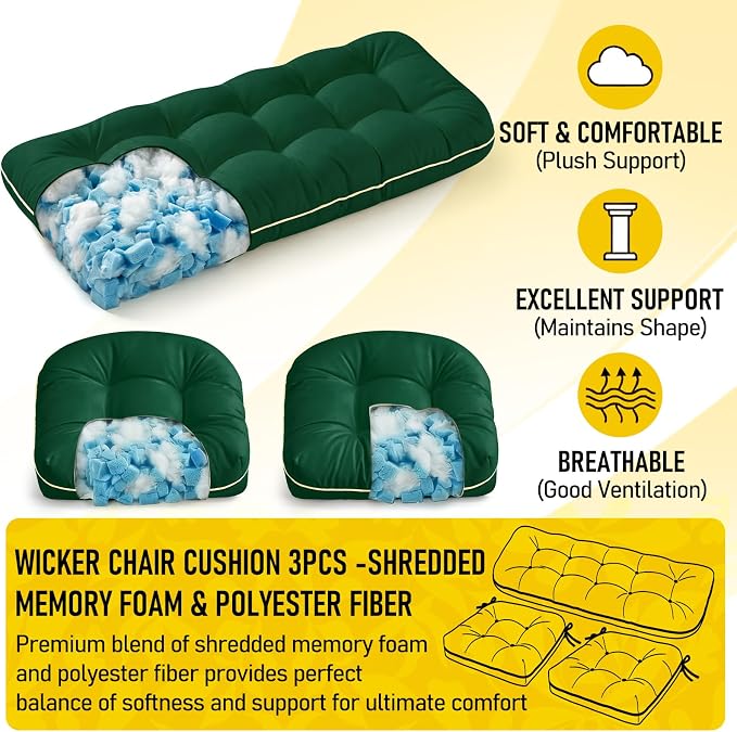 1 MIDDLE ONE Wicker Chair Cushions 3 Pieces Set for Outdoor Furniture, Replacement Patio Wicker Furniture Cushions, 1Pc Loveseat Cushion & 2Pcs Chair Cushions (Green)