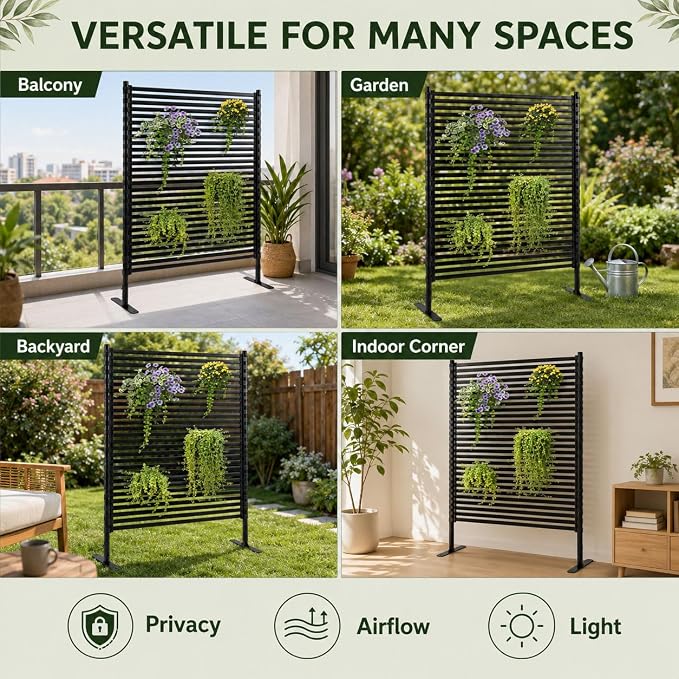 FOLLOOK Metal Privacy Screen Outdoor Freestanding, Poly-Coating Rustproof Metal Decorative Slatted Privacy Screen Fence Panels for Outside Backyard Garden Patio Deck, 48" W x 71" H, Black