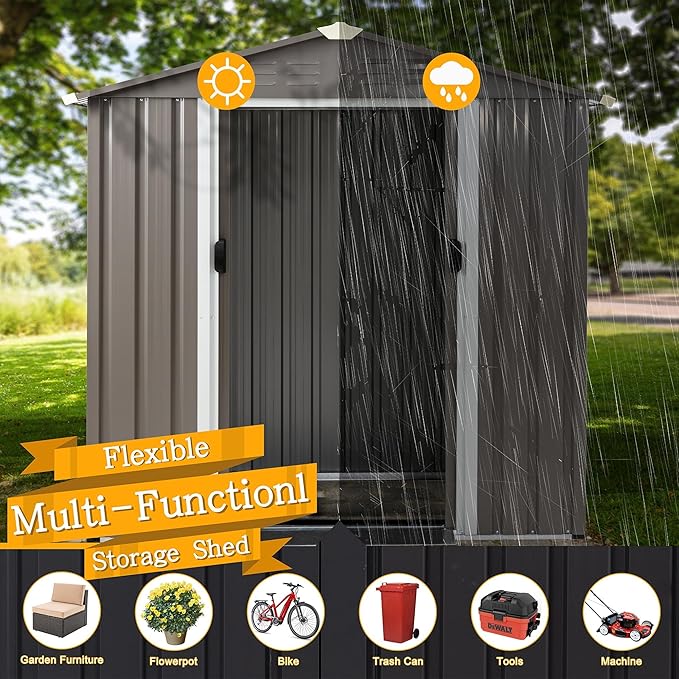 Shintenchi 6x4 FT Outdoor Storage Shed with Window, Lockable Outdoor Waterproof Tool Storage Sheds, Weather Resistant Tool Storage House Shed for Garden, Backyard,Patio Utility Tool Storage,Steel Grey