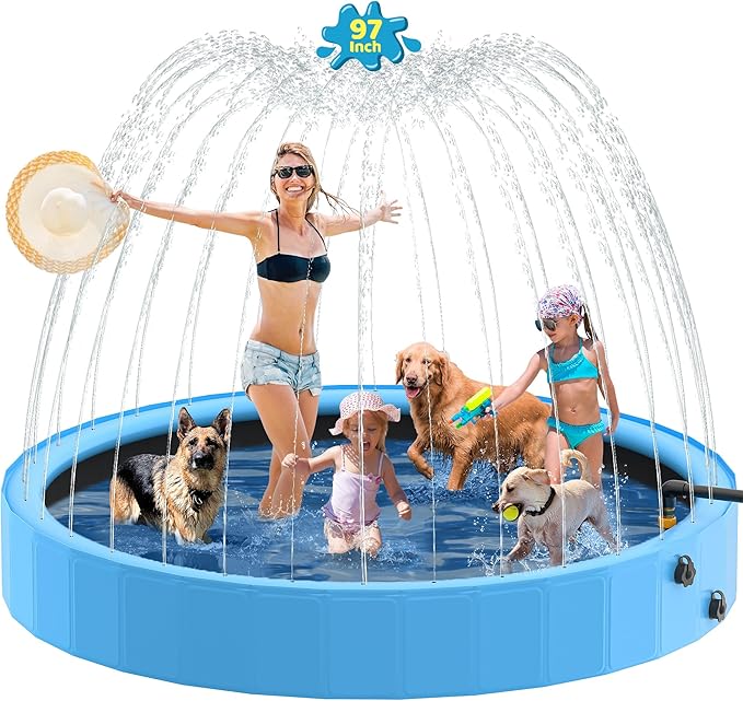 Raxurt Dog Pool with Sprinkler, 97'' Foldable Dog Pools for Large Dogs, 2-in-1 PVC Non Slip Pet Bathing Tub for Outdoor Backyard, Blue