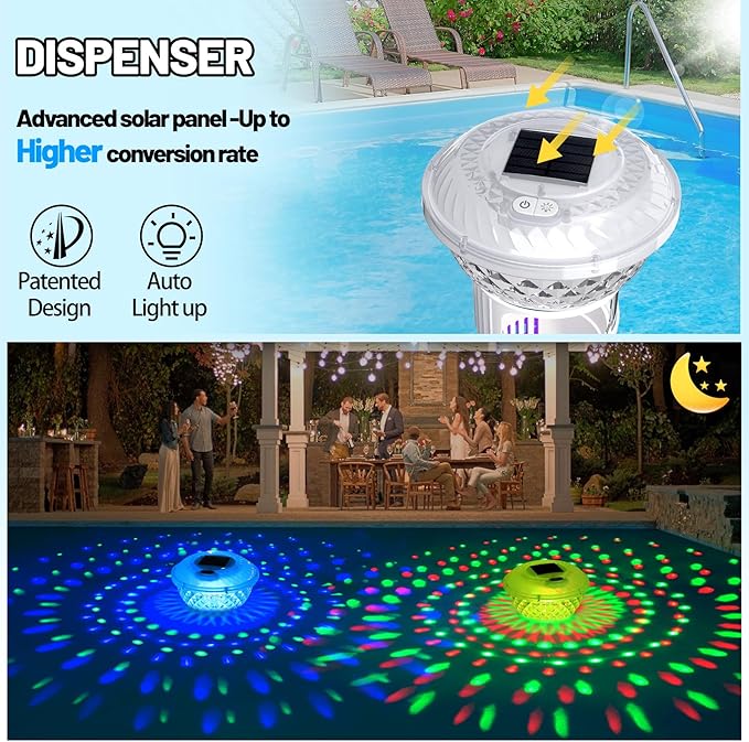 FineBud2025 Upgrade Solar Chlorine Floater, Pool Chlorine Floater with Colorful Light, Button Control Floating Chlorines Dispenser for Pool, Adjustable Flow chlorines floaters (Purple)