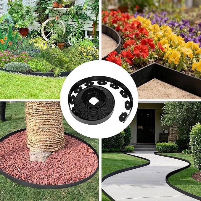 2 Inch x 40FT Garden Edging Kit with 40 Spikes for Landscaping, Plastic Lawn Edging Border for Flower Beds, Tree Rings, Pathways, Black