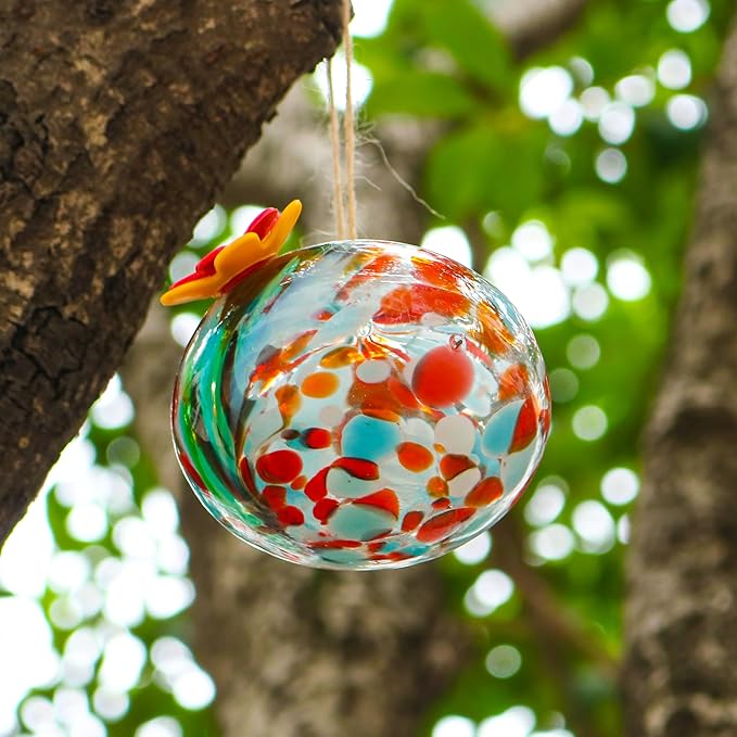2 Pcs Blown Glass Hummingbird Feeder for Outdoors Hanging, Ant & Bee Resistant Window Bird FeederHandmade Garden Decor Gift for Women - Small Round Glass Feeders Bundle (Ellipse A2)