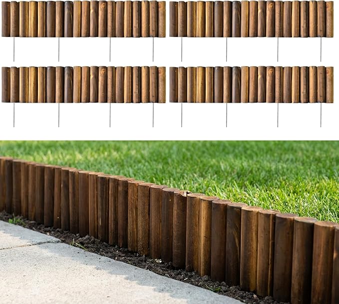 LaLaGreen Decorative Landscape Edging (30"x6", 4 Pack) Brown Wooden Fence Panels with Metal Stakes, Flowers Bed Landscape Fencing for Lawn Yard Patio Pathway Decor Tree Rings Garden Barries Outdoor