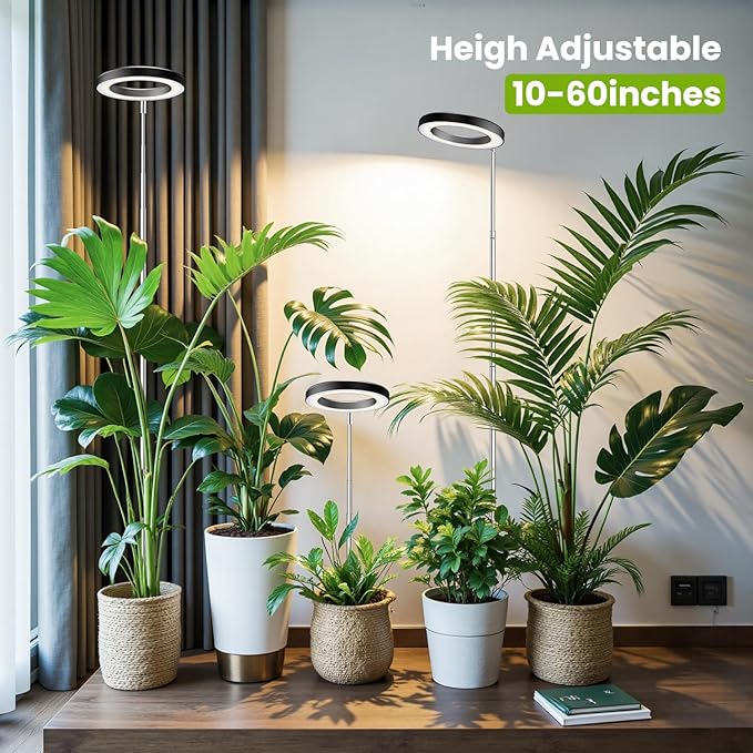 Kullsinss Black Grow Lights for Indoor Plants, Full Spectrum LED Plant Grow Light with 6/12/16H Timer, 3 Color Modes, 5 Brightness, 10"-65" Height Adjustable Growing Lamp for Indoor Plants (2 Pack)
