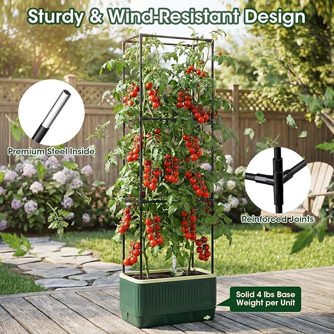 51" Self Watering Planter Box with Trellis, Tomato Planter Trellis for Raised Garden Bed, Tomato Cage with Visual Water Indicator, Indoor Outdoor Tomato Cages for Garden Patio