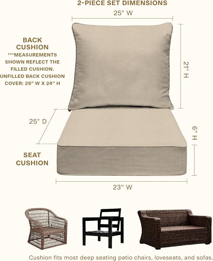 Honeycomb Outdoor Heritage Deep Seat, 23 x 25, Textured Solid Almond Chair Cushion with Removable Cover, for Patio Furniture