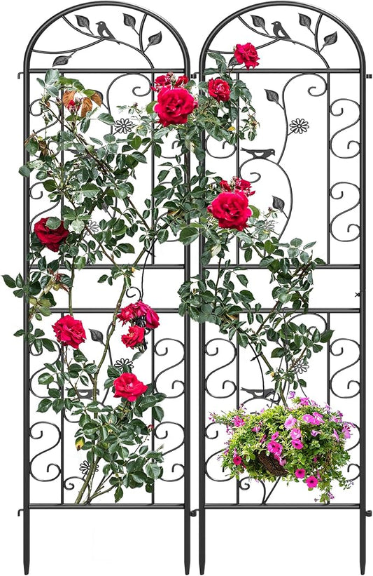 2 Pack 87"x20" Black Metal Garden Trellises, Decorative Daisy & Bird Rustproof Trellis for Outdoor Climbing Plants, Roses, Vines, Cucumbers & Vegetables