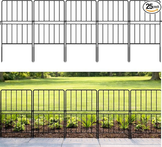 ShopLaLa Decorative Garden Fence Outdoor (25 Panels) 12in(L) x 24in(H) Rustproof Metal Wire Animal Barrier for Dogs, Black Flower Bed Edging Fencing for Yard, Landscape Patio Classic Fences Decor