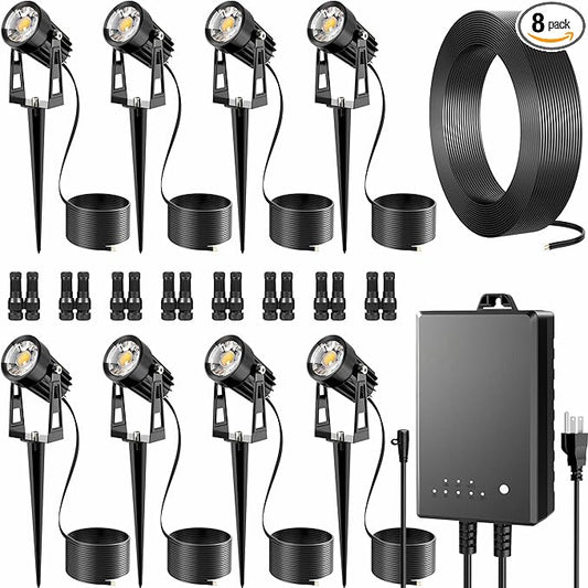 All-in-One Outdoor Low Voltage Landscape Lighting Kit, 8 Pack 3000K Landscape Spot Lights with 60W Transformer 65FT Wire, Waterproof Low Voltage Landscape Lights for Yard, Garden, Tree, Pathway, House