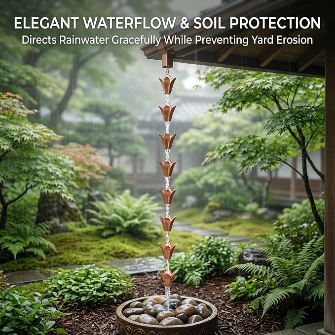Topadorn 7.8FT Pure Copper Rain Chain with 11 Lily Cups, Decorative Downspout Water Diverter, Adjustable Outdoor Garden Patio Porch Water Feature