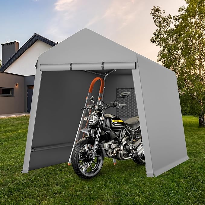 Outdoor Tarp Shed 6 X 8 Ft Portable Storage Shed with Roll-Up Door, Carport Bike Sheds ATV Storage Tent for Motorcycle, Car, Garden Tools Grey