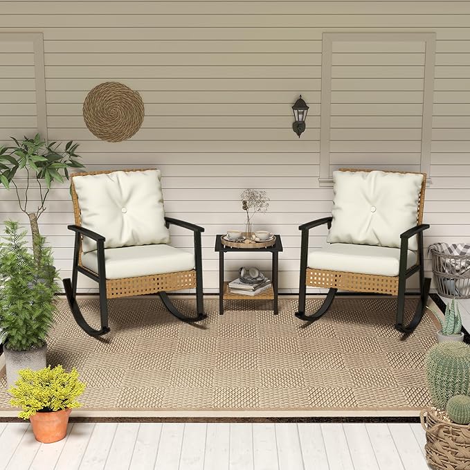 LEX CRAFT 3 Piece Outdoor Rocking Chairs, Outdoor Patio Furniture Set with Thick Cushion and Coffee Table, Rattan Rocking Bistro Set for Grand Porch Balcony Garden