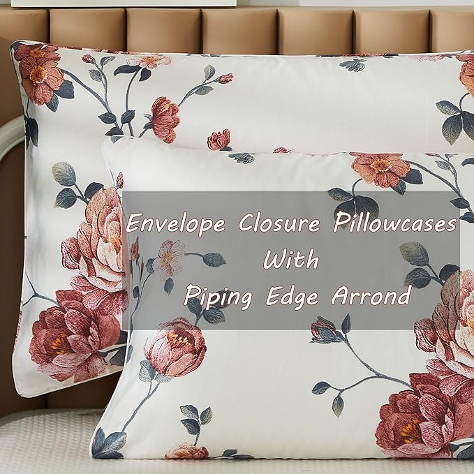 FADFAY Sheets Set Full Shabby Beige Floral Bedding Elegant Peony Sheets Set Vintage Flower Bedding Collections Soft 100% Egyptian Cotton 800 Thread Count Deep Pocket Fitted Sheet, 4Pcs-Full Size