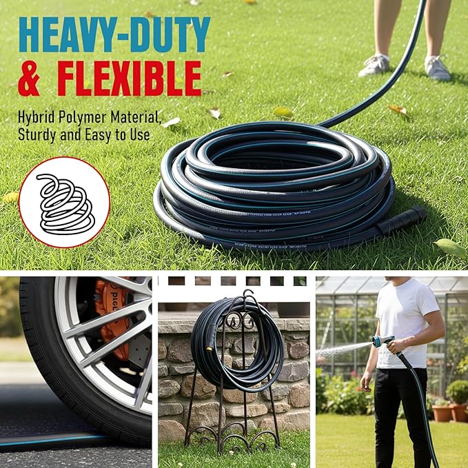 Heavy Duty Garden Hose 75 ft, NON-EXPANDABLE Water Hose with 10 Function Spray Nozzle, Lightweight Kink-less Hybrid Hose with Swivel Handle, Male to Female Fittings