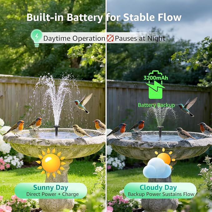 Solar Fountain Pump with Battery Backup, 7.5W Solar Water Pump Built-in 3000mAh Battery, Dual-Layer Nozzles 7+ Spray Modes & 5Ft PVC Tubing, Pond Fountain for Bird Bath Garden Water Feature
