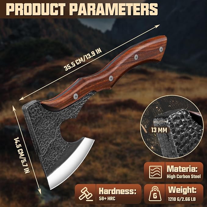 Purple Dragon Camping Hatchet Axe with Sheath - 14" Hand Forged Survival Hatchet for Wood Chopping, Splitting & Carving, Full Tang Bushcraft Axe Outdoor & Garden Work, Idea for Dad