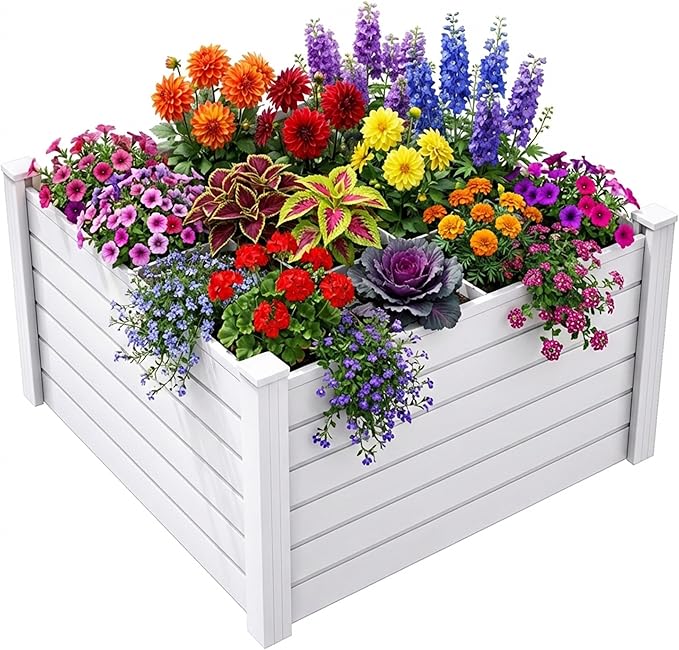 DWVO 4 x 4 x 2 FT Raised Garden Bed, Outdoor Vinyl Flower Bed with Growth Grid, Large Plastic Planter Box for Vegetables, Flowers, Herbs, Fruits, White