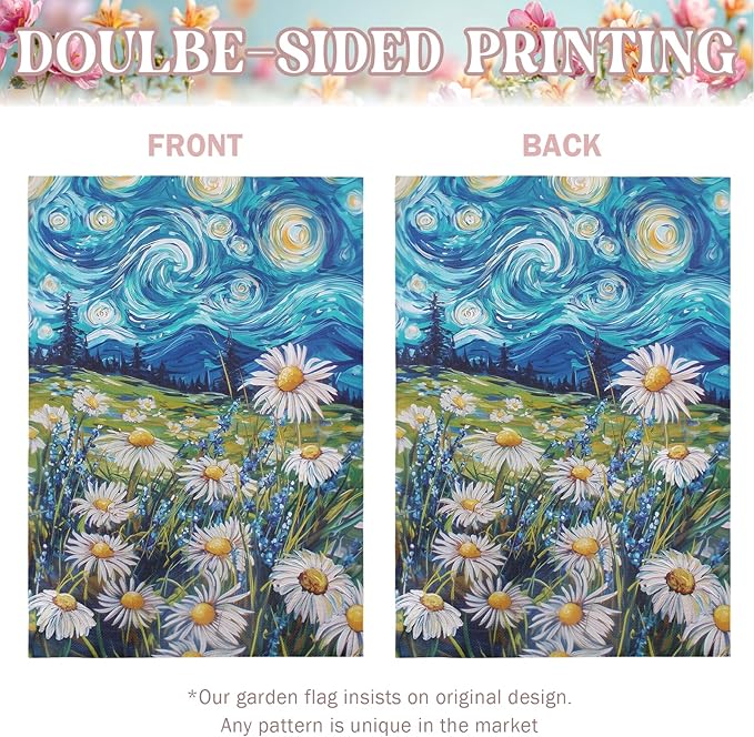 Spring Daisy Large Garden Flag Starry Night Van Gogh Style House Banner Vibrant Floral Meadow Landscape Seasonal Welcome Yard Flags for Summer Patio Lawn Porch Farmhouse Decor 28x40 Inch