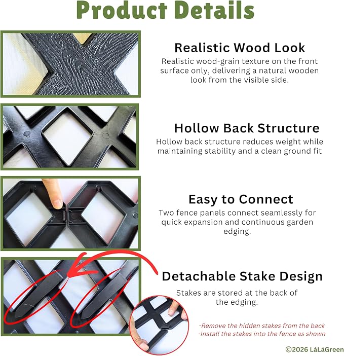 LaLaGreen Garden Edging Border (23x8.5 Inch, 10 Pack) Black Plastic Fence Panels, Landscape Edging for Yard Lawn Patio Pathways Trees, Decorative Flower Bed Borders Outdoor Style Decor