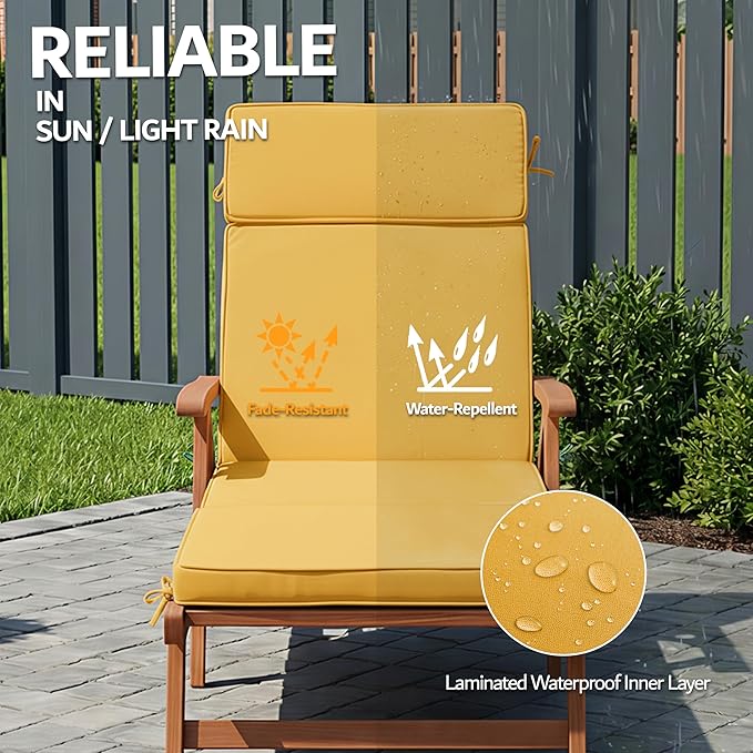 80 x 26 Inch Outdoor Chaise Lounge Cushion - Removable Cover, 4-Section Design, Water-Repellent & Fade-Resistant, 6 Tie Straps, Replacement for Patio & Pool Chairs - Yellow