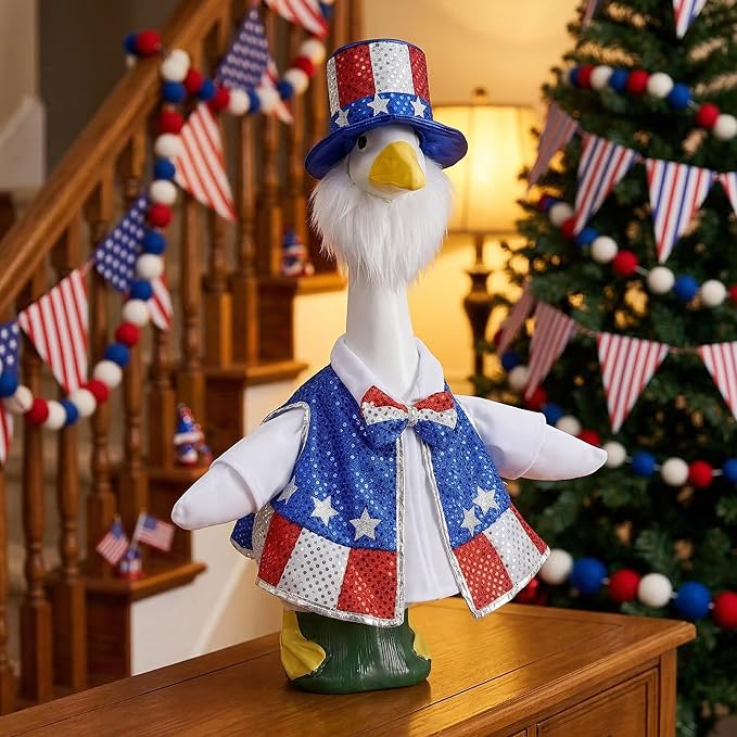3 Pcs/Set 4th of July Porch Goose Outfit, 23" High Lawn Goose Patriotic Costume Clothing, Independence Day Garden Geese Clothes Sequins Waistcoat Shirt with Top Hat for Outdoor Patio Yard Decoration