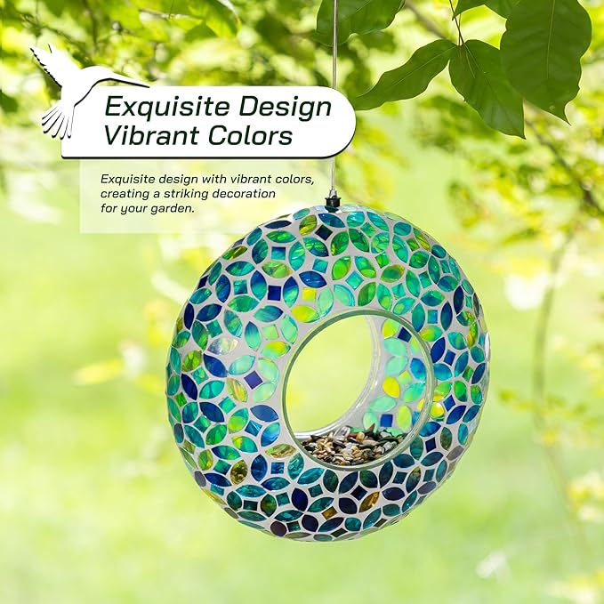 Glitzhome 8''D Hanging Glass Bird Feeder, Round Fly Through Wild Bird Feeder for Outdoors,Blue/Green Mosaic Birdfeeder for Garden, Yard, Backyard, Deck and Porch Decor