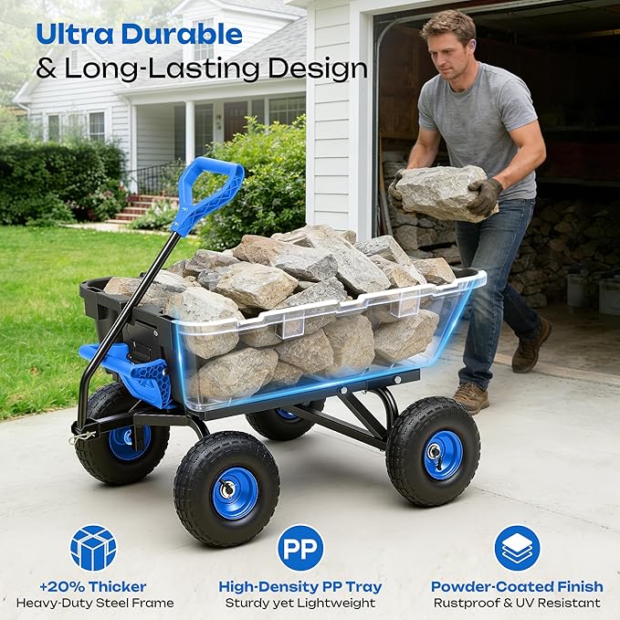 Garden Dump Cart 900Lbs, 2026 Upgraded Heavy Duty Wheelbarrow Dump Wagon with 10" Non-Slip Pneumatic Tires & Quick-Release Dumping, 4-Wheel Steel Frame Utility Carts for Yard,Farm and Garden